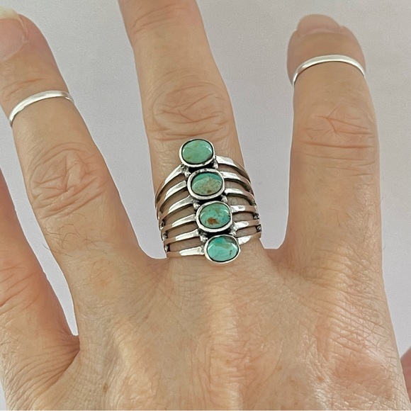 Sterling Silver 4 Round Genuine Turquoise Ring, Statement Rings, Stone Ring - Picture 11 of 13